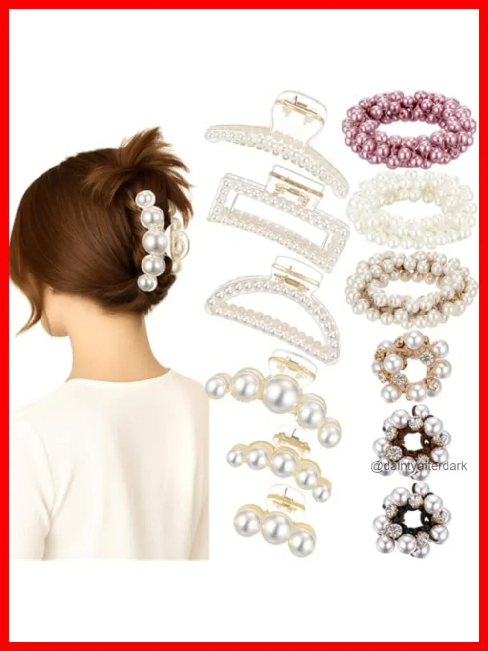 12 Piece Pearl Hair Claw Clips and Elastic Scrunchies Set for Women - Fashion